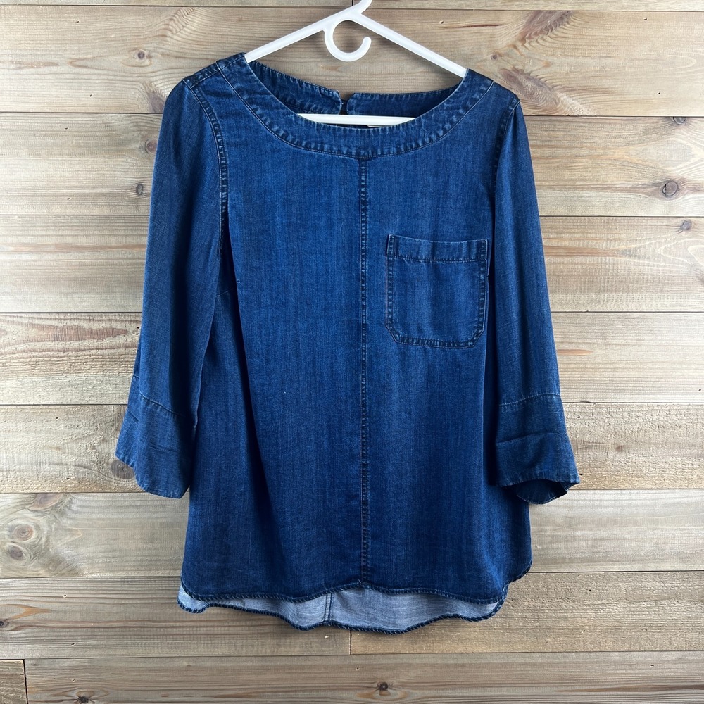 Soft Surroundings Womens Shirt‎ 3/4 Sleeve Round Neck Chambray Tencel Small